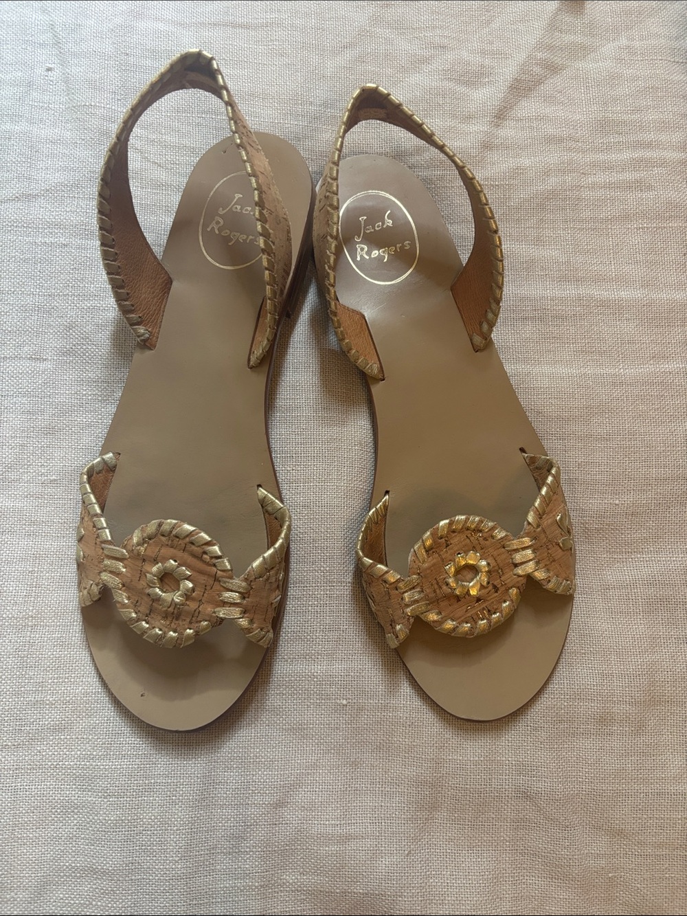 Jack Rogers Gold Braided Circle Medallion Slingback Sandals, size 8.5 EUC